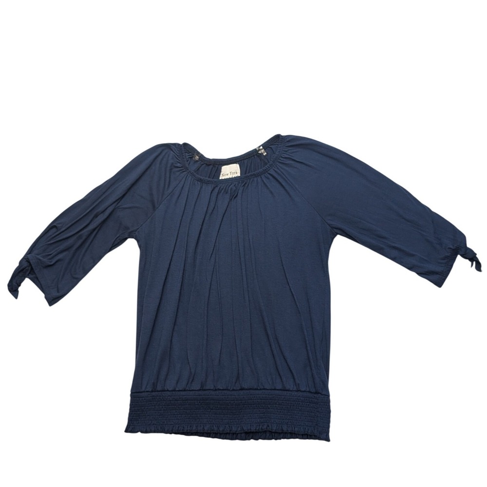 New York Laundry Blouse Womens Medium Navy Blue Smocked Hem Tie Sleeve Peasant